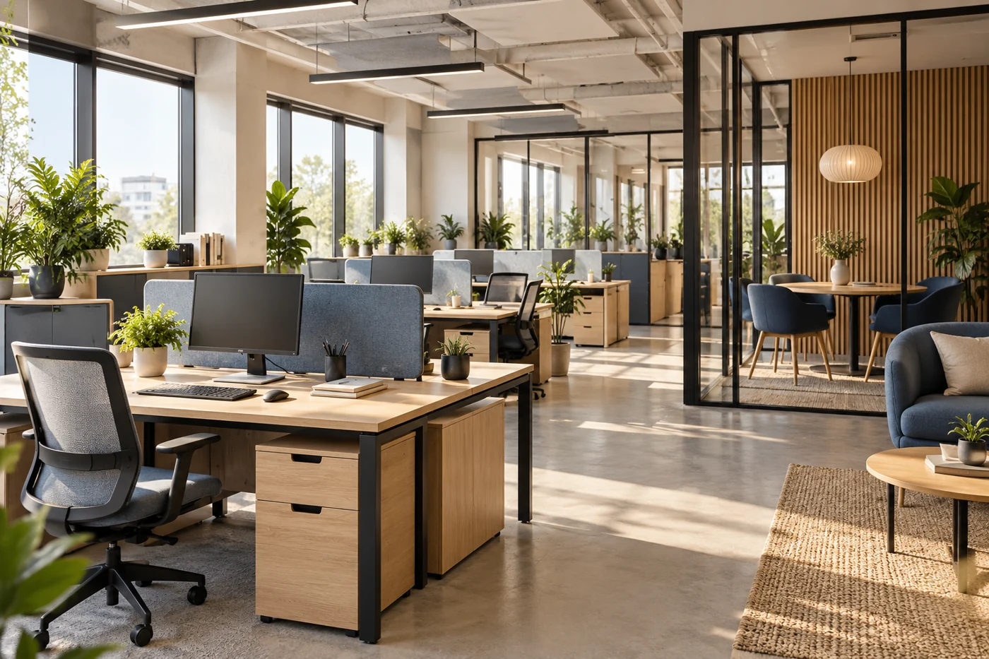 Des bureaux aménagés avec mobilier ergonomique et espaces de collaboration — illustration générée par IA