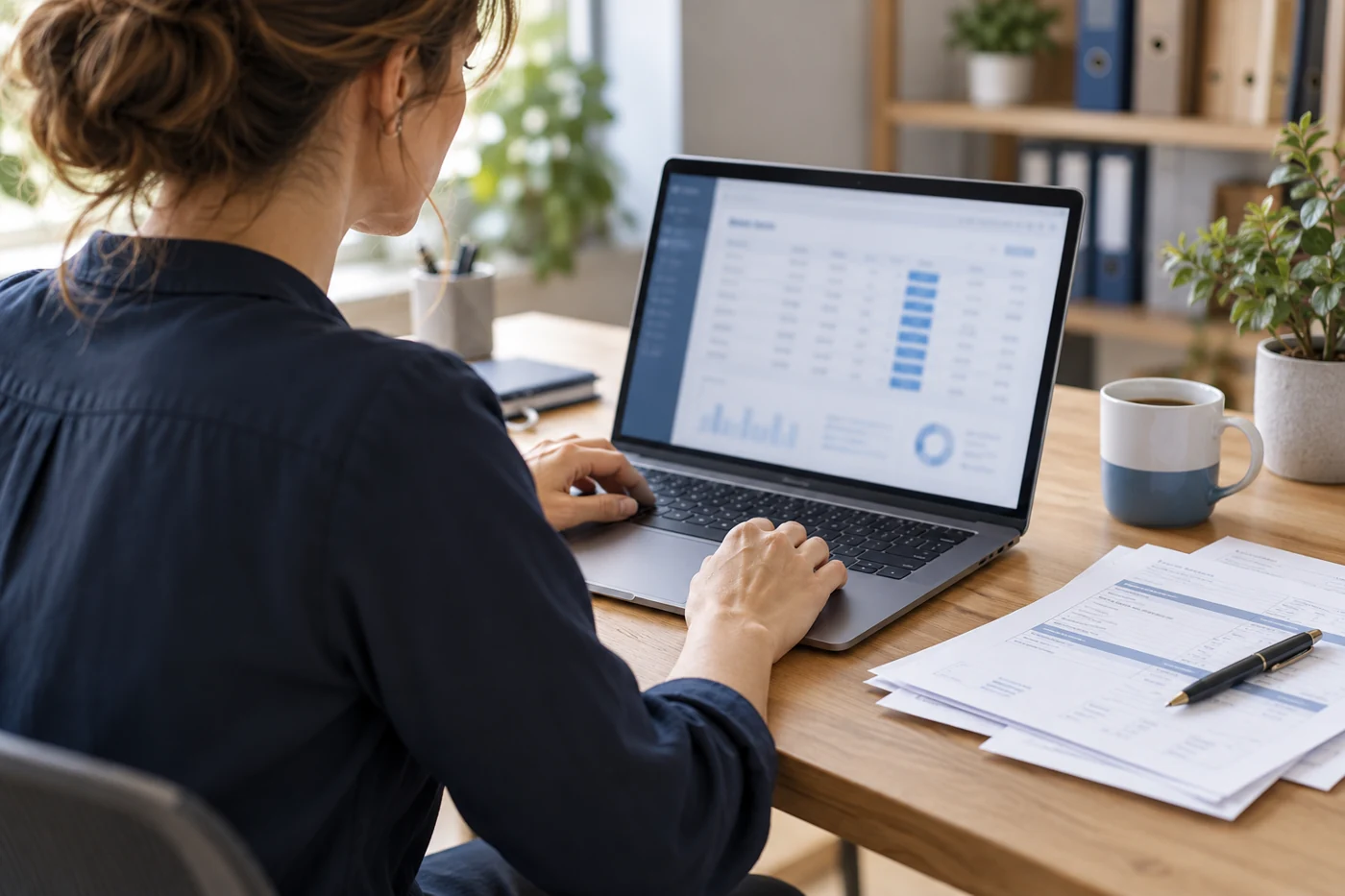 Une entrepreneuse gère ses factures et sa comptabilité sur ordinateur — illustration générée par IA